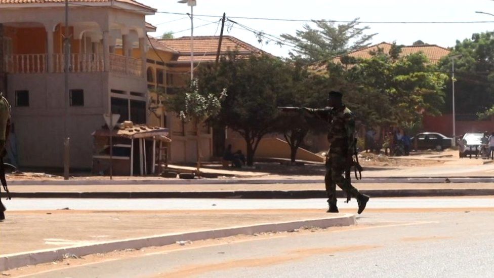 A soldier patrols the government palace area in Bissau, capital of Guinea-Bissau, on February 1 2022