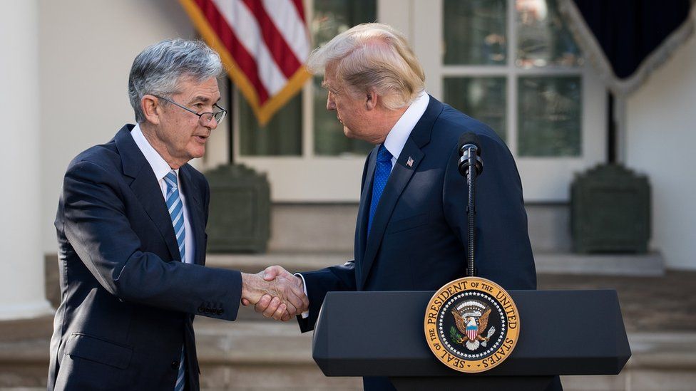 U.S. President Donald Trump (R) shakes hands with his nominee for the chairman of the Federal Reserve Jerome Powell during a press event in the Rose Garden at the White House, November 2, 2017 in Washington, DC
