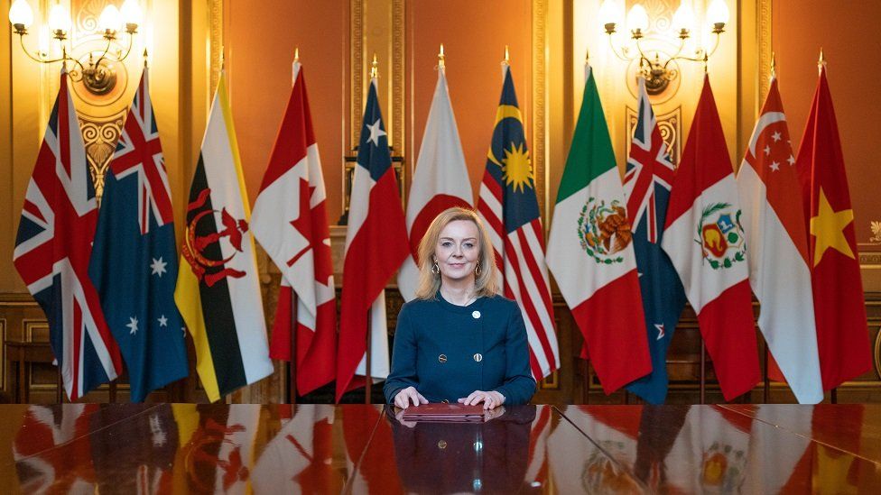 Liz Truss posing next to flags representing the nations in the trade deal