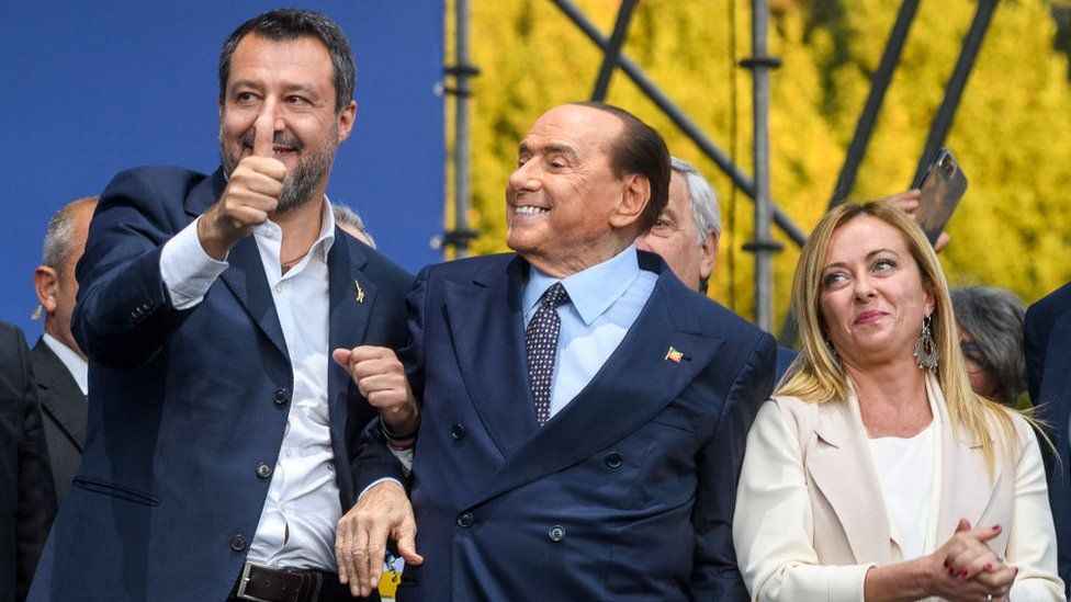 Matteo Salvini of "Lega" political party, Silvio Berlusconi of "Forza Italia" party and Giorgia Meloni of "Fratelli d'Italia" party attend a rally on 22 September in Rome