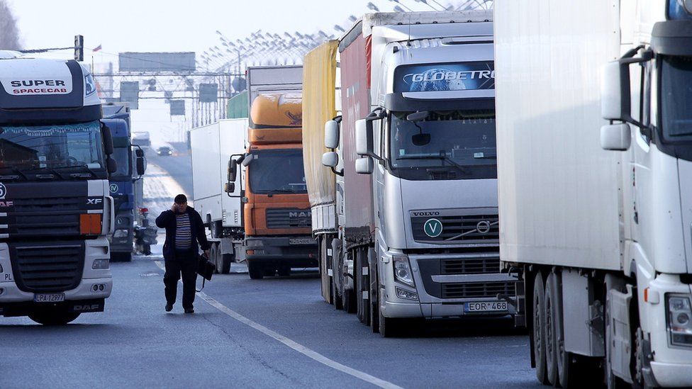 Lorries at a Russian border crossing - file pic