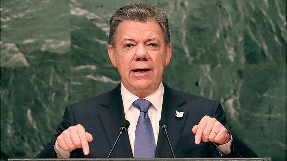 Colombia's President Juan Manuel Santos addresses the General Assembly at the United Nations on September 21, 2016 in New York City.