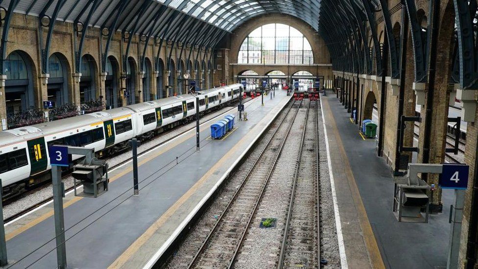 Empty platform at King's Cross station on rail strike day, 5 October 2022