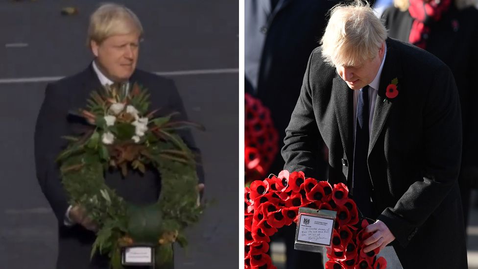 PM Boris Johnson, pictured in 2016 and again on Sunday, at separate Remembrance Day services
