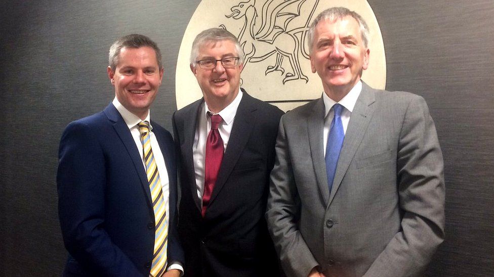 Scottish Finance Secretary Derek Mackay, his Welsh counterpart Mark Drakeford and Northern Ireland's Máirtín Ó Muilleoir met in Cardiff on Monday