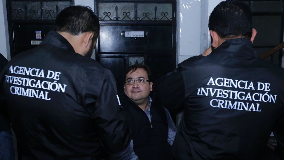 Javier Duarte, the former governor of the Mexican state of Veracruz, sits handcuffed following his arrest in Panajache municipality, Solola departament, Guatemala, 150 km west of Guatemala City on April 15, 2017.