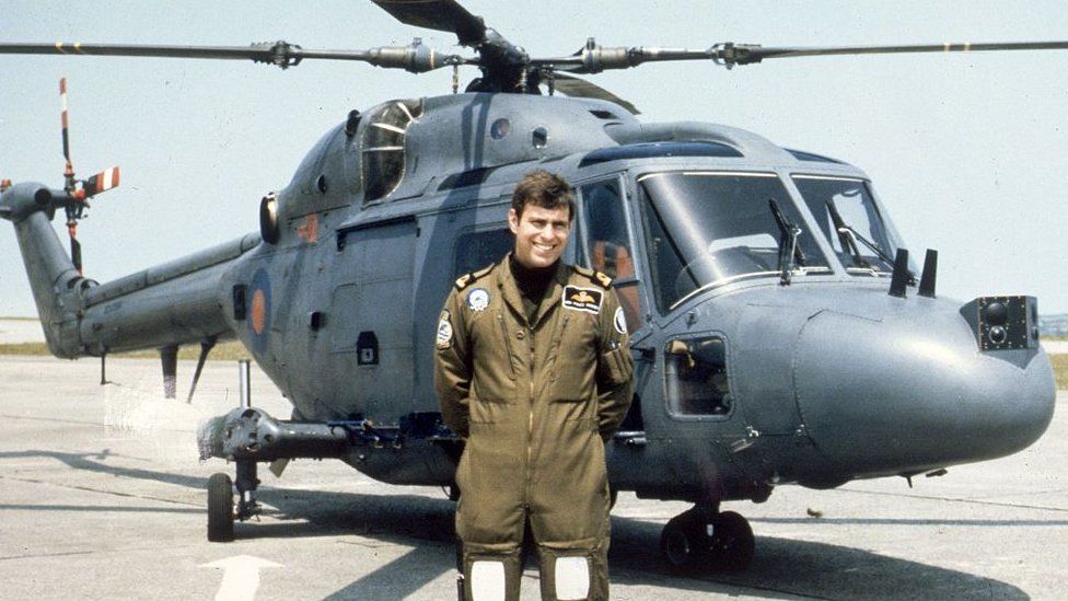 Prince Andrew, the Duke of York, at Naval Air Station Portsmouth, in front of a Westland Navy Lynx helicopter in 1983