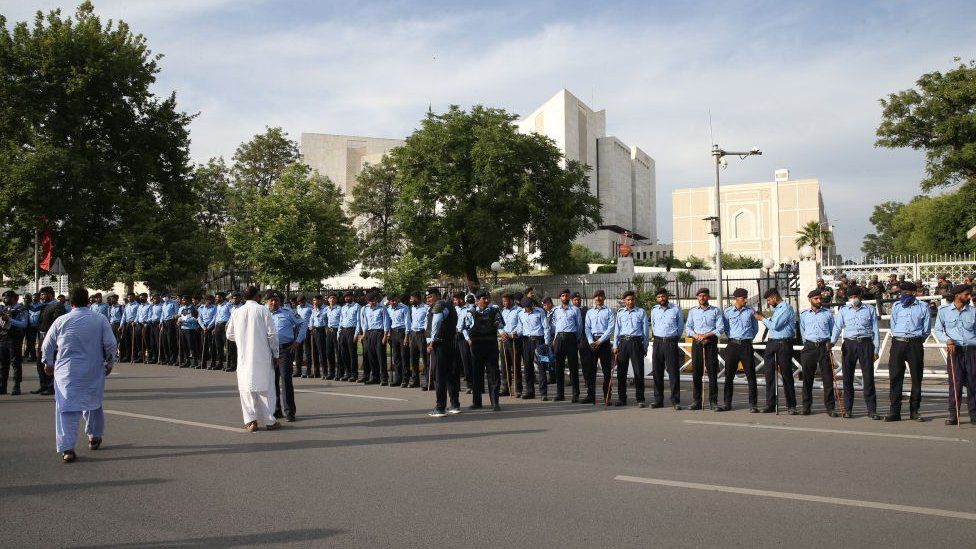 Police officers take security measures around Supreme Court of Pakistan in Islamabad, Pakistan on May 11, 2023. Pakistan's top court declares Imran Khan's arrest illegal,