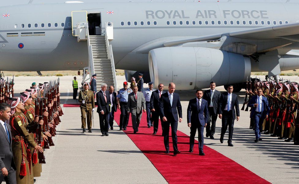 Prince William arrives at Marka Airport and meets Jordan's Crown Prince Hussein bin Abdullah II
