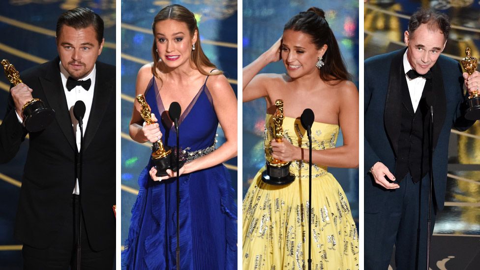 Leonardo DiCaprio, Brie Larson, Alicia Vikander, Mark Rylance at the 2016 Oscars