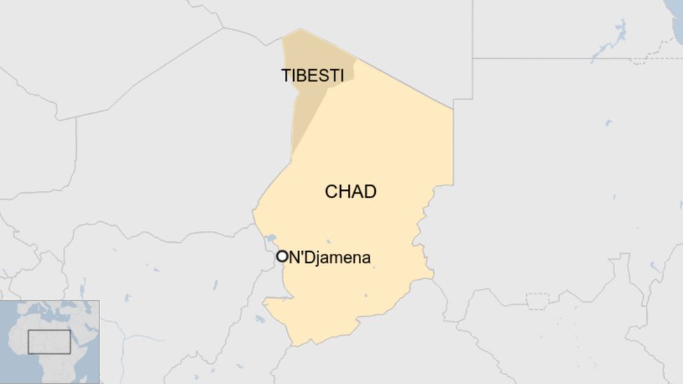 Map of Chad showing the location of the Tibesti province in the north-west.