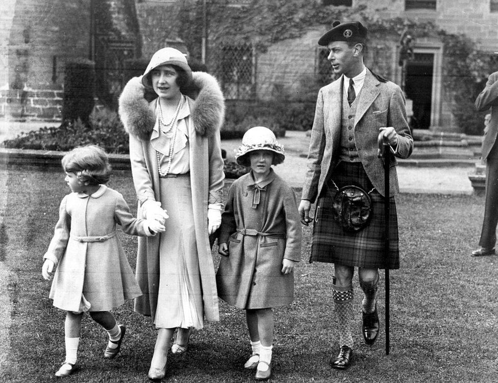 1931: Future King and Queen, George, Duke of York (1895 - 1952) and Elizabeth, Duchess of York (1900 - 2002), with their daughters, Princesses Elizabeth (centre) and niece Diana, at Glamis Castle in Angus, Scotland, for the Golden Wedding celebrations of the Earl and Countess of Strathmore, the Duchess' parents. (Photo by Central Press/Getty Images)
