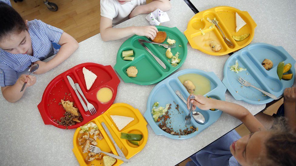 Children eating schools meals - birds eye view