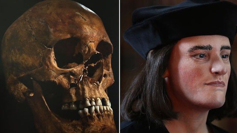 Richard III skull next to facial reconstruction