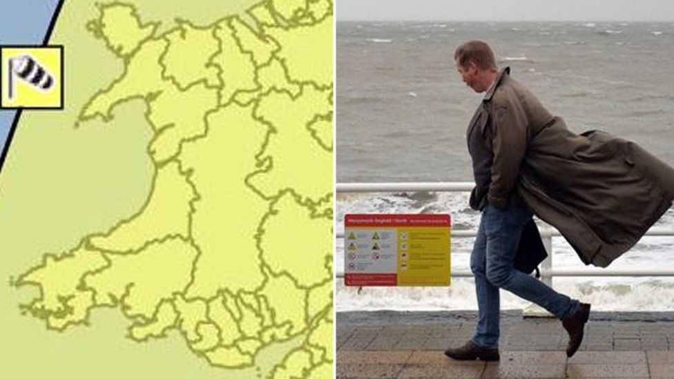 A map of Wales with the areas covered by a wind warning and a man walking in the wind
