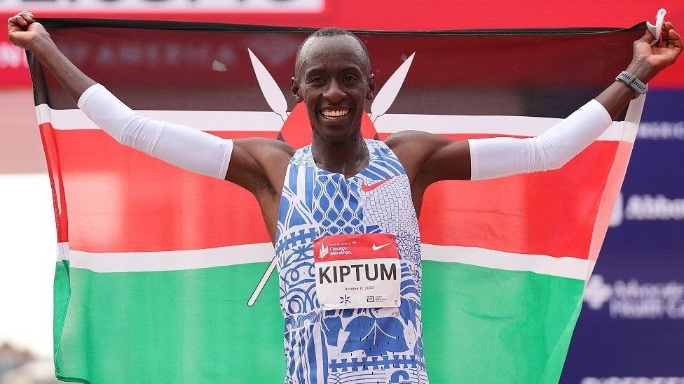 Runner Kelvin Kiptum after breaking Eliud Kipchoge's marathon world record in Chicago