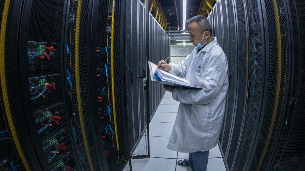 A technician at a data centre in China