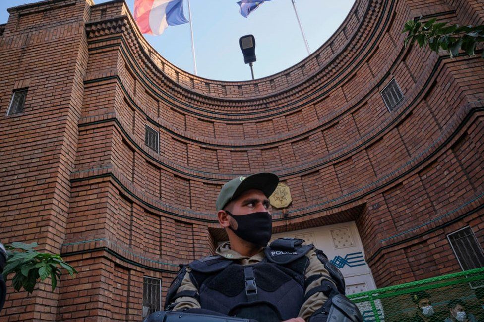 File photo showing Iranian security forces outside the French embassy in Tehran, Iran (28 October 2020)