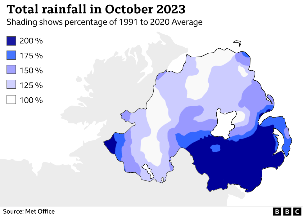 A map of Northern Ireland showing the areas worst affected by rainfall in October 2023 - the south and the south-east had 200% of the long-term average rainfall for the month. Source: Met Office