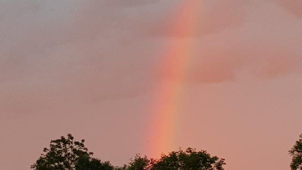 Pink rainbow over Badgworth, Somerset