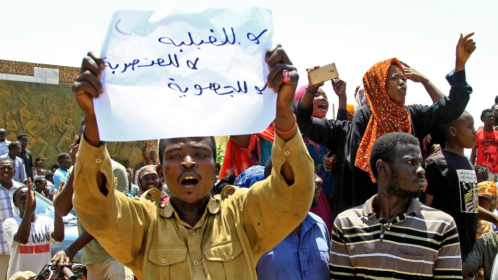 Sudan's Hausa people protest in El-Obeid, capital of North Kordofan state, on 19 July 2022 demanding justice for comrades killed in a deadly land dispute with a rival ethnic group in the country's south