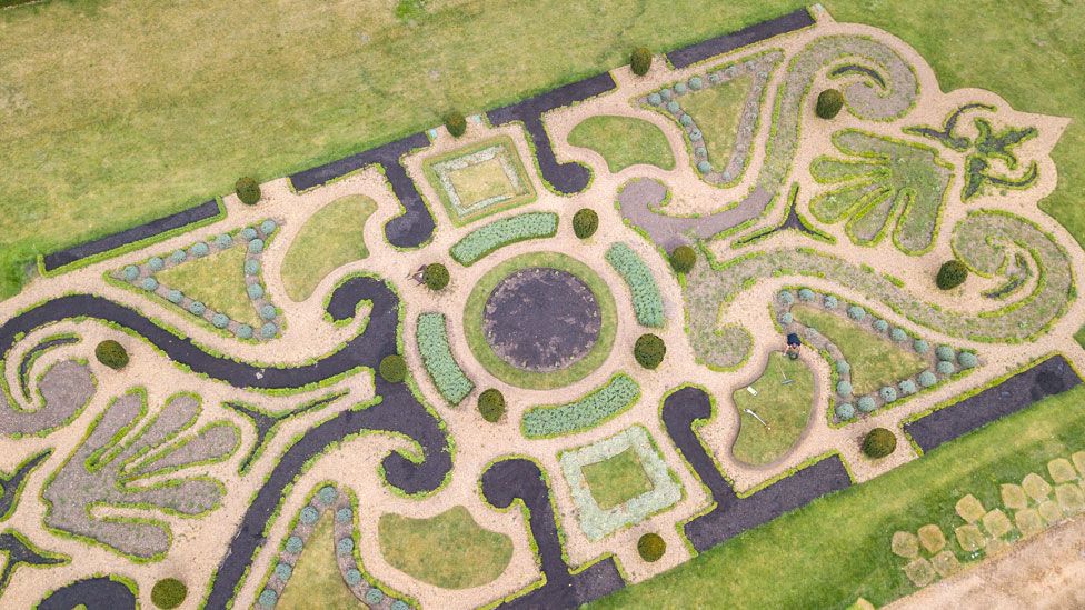Aerial view of parterre at Oxburgh Hall