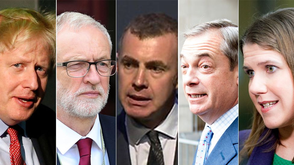 Boris Johnson, Jeremy Corbyn, Adam Price, Nigel Farage and Jo Swinson