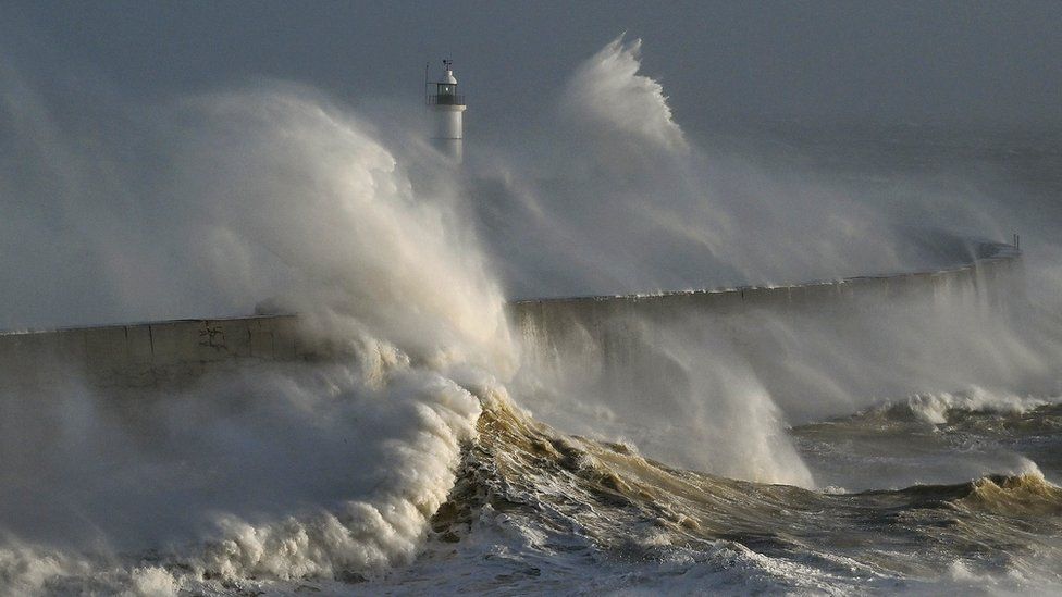 Waves crash on the breakwater at Newhaven Harbour, Newhaven, East Sussex, as Storm Henk passes through, 02/01/2024