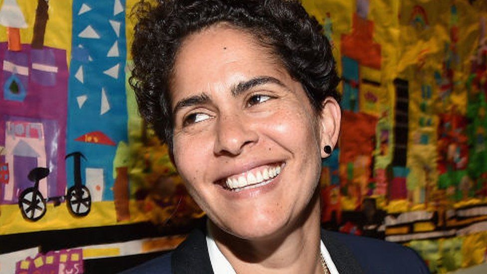 Julie Mehretu visits a school in New York in 2017.