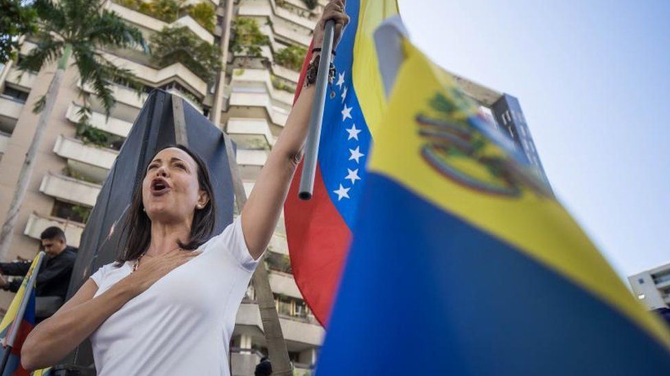 Venezuelan opposition presidential candidate Maria Corina Machado addresses supporters during an event, in Caracas, Venezuela January 23, 2024. REUTERS