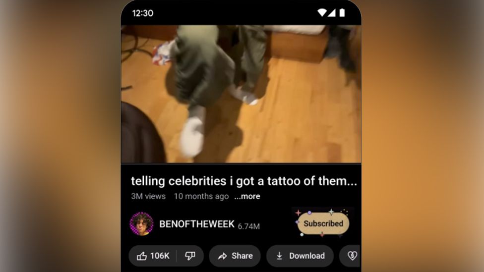 A screengrab from a YouTube video by Benoftheweek showing the new subscribe animation. The video is paused on an indistinct image of a wooden floor, and some blurry trainers and legs. The subscribe button has just been clicked and has turned a shade of gold, with purple, pink and white exploding stars emanating from it. Ben's video has 3m views, he has 6.74m subscribers, and this video has 106K likes.