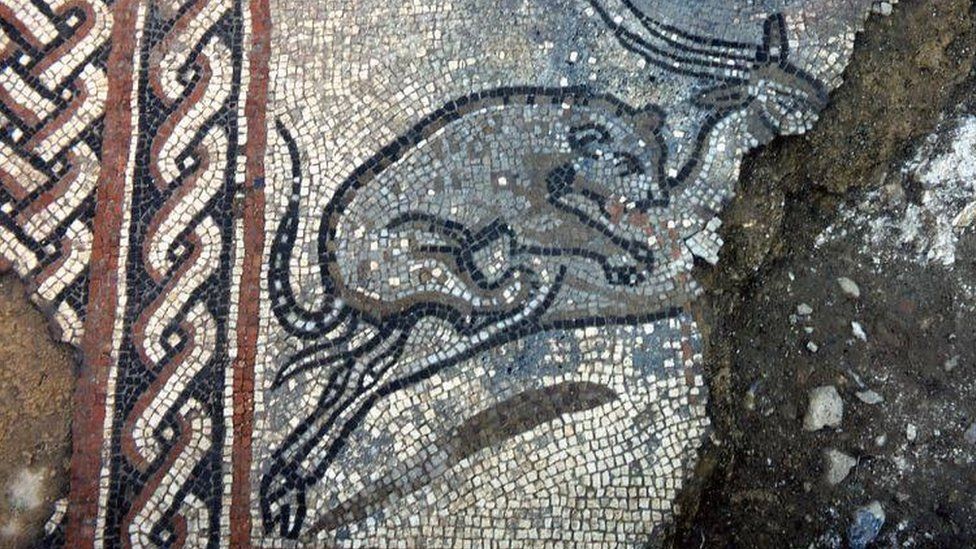Leopard & antelope mosaic fragment from Dewlish (colours as when it was first exposed in 1974)