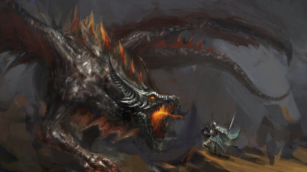 An painting of a dragon fighting an armoured knight