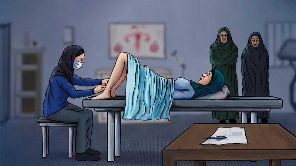 A gynaecologist examining a woman so that she can determine whether she's still a virgin. Two older women (mothers) observe in the background.