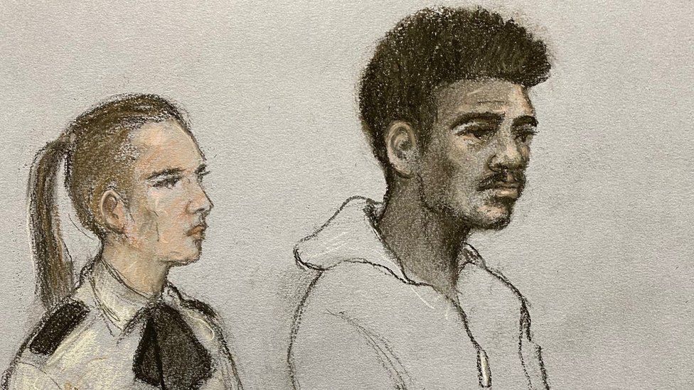 Court artist sketch by Elizabeth Cook of footballer Mason Greenwood appearing in the dock at Manchester Magistrates' Court on charges of attempted rape, engaging in controlling and coercive behaviour, and assault.