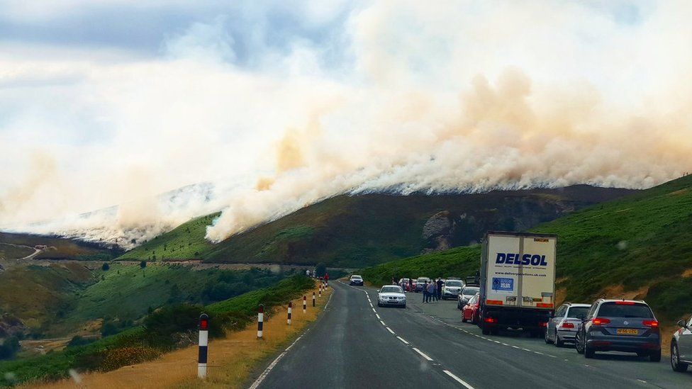 Fire burning on a hill above the Horseshoe Pass, Llangollen