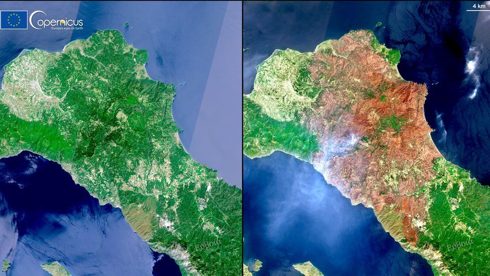 Unha combinación de imaxes de satélite, adquiridas por un dos satélites Copernicus Sentinel-2, mostra vistas antes e despois do devastador incendio forestal que azoutou a illa de Evia, Grecia o 1 de agosto de 2021 e o 11 de agosto de 2021.