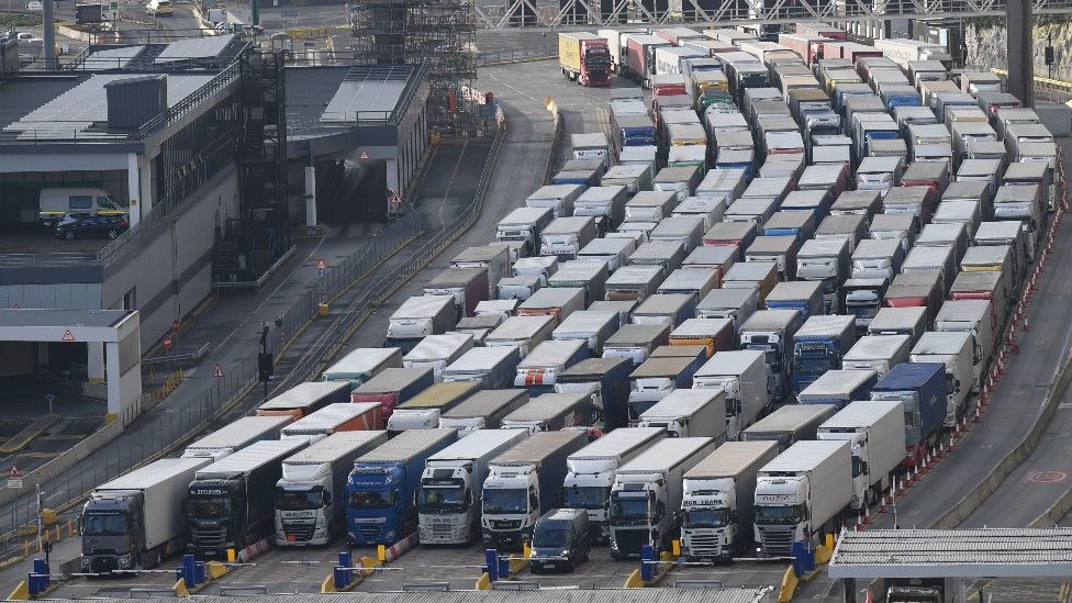 Freight lorries are seen queueing as they wait to enter the port of Dover yesterday