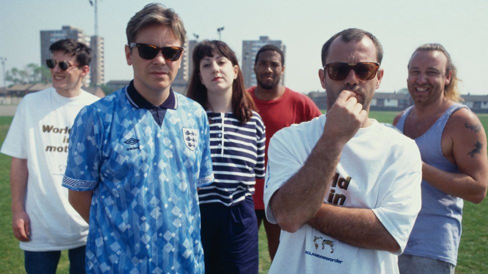 New Order, Keith Allen and John Barnes at the video shoot for World in Motion