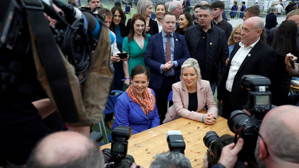 Sinn Féin deputy leader Michelle O'Neill and party leader Mary Louise McDonald meet the media at the Meadowbank Sports Arena count centre, in Magherafelt