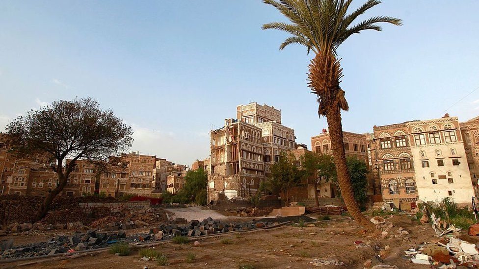 War-damaged UNESCO-listed buildings in Sanaa, Yemen