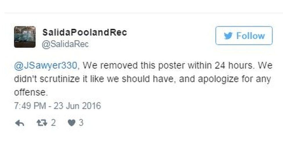 Image of Tweet: We removed this poster within 24 hours. We didn't scrutinize it like we should have, and apologize for any offense.