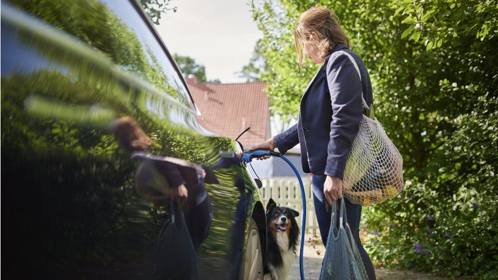 Woman charging her electric car with a bag of shopping over her back. A dog is standing next to her