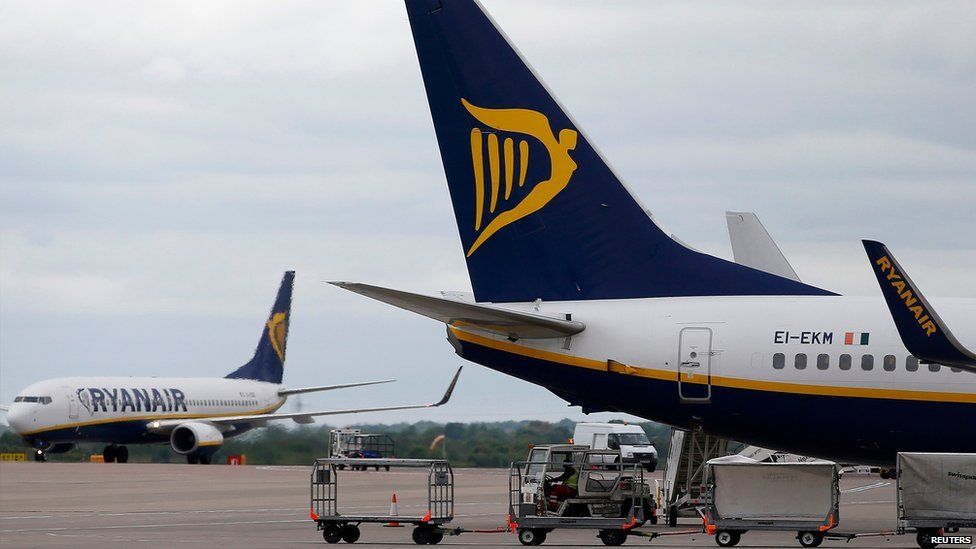 A Ryanair aircraft parked at Manchester Airport