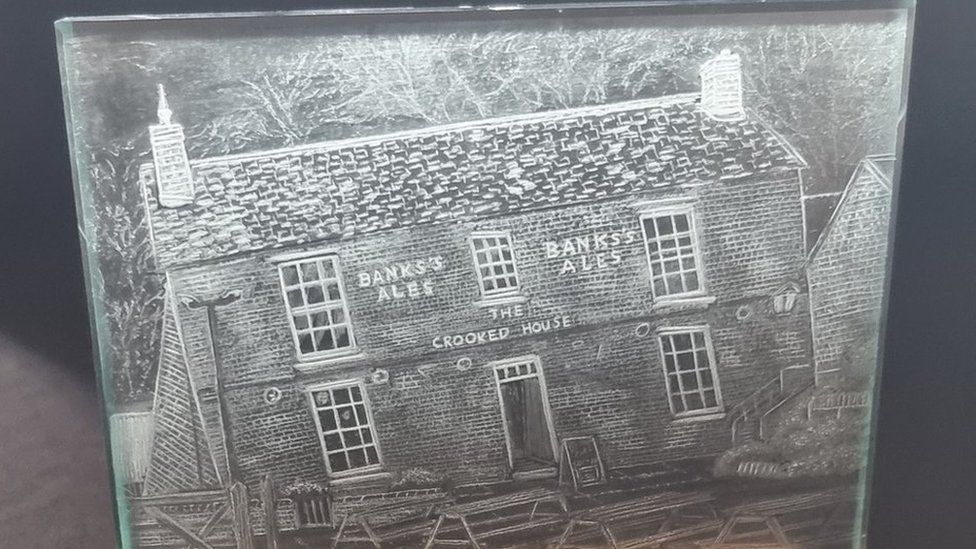Crooked House glass etching