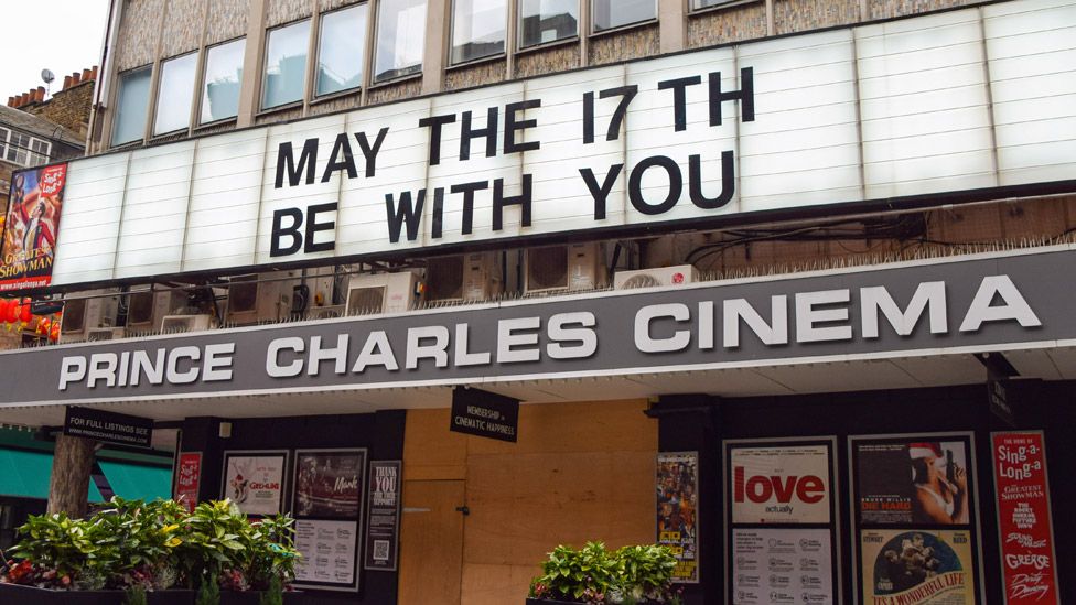 Prince Charles Cinema with a sign reading "May the 17th be with you"