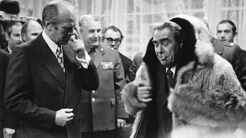 US President Gerald Ford with Soviet leader Leonid Brezhnev at the Vladivostok Summit USSR November 23rd 1974.