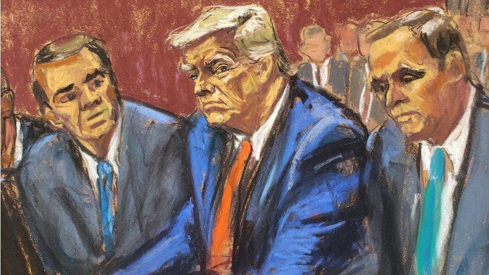 A court sketch shows Donald Trump in court in Miami in a blue suit, flanked by his lawyers, Chris Kise and Todd Blanche