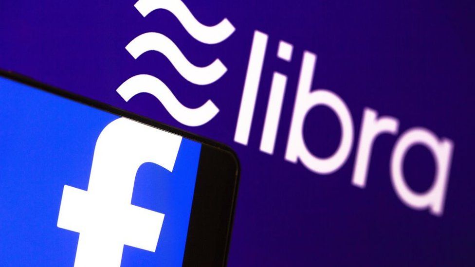 Facebook logo in front of Libra sign
