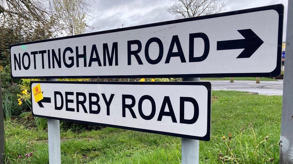 Nottingham Road and Derby Road sign